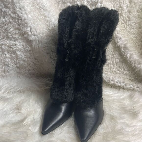 Ashro synthetic black mid calf boots  faux fur trim front zipper 3”heels SZ11W - Picture 2 of 16